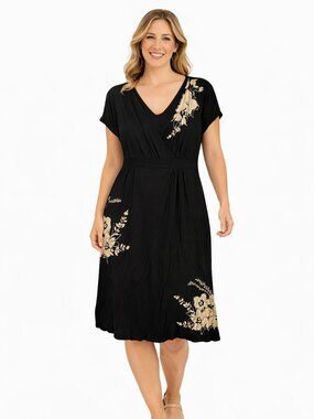 Desigual Black Floral Wrap Style Dress XL Short Sleeve Midi Boho Artsy